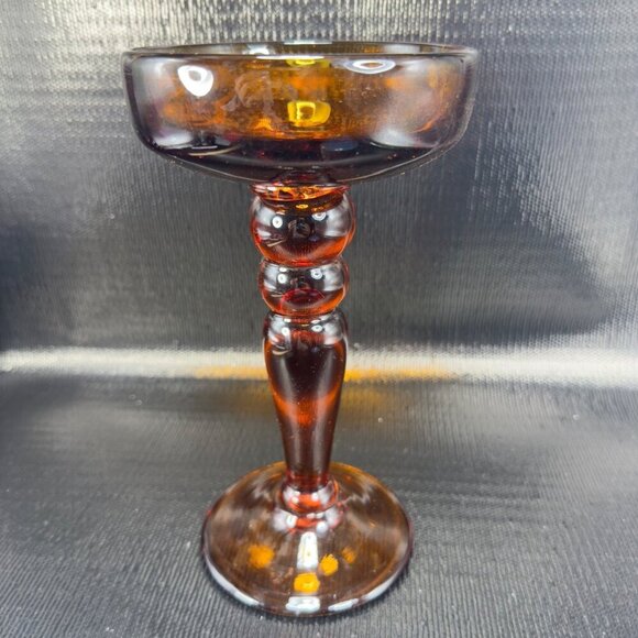 Vintage Mid Century Amber Glass Candle Holders Votive Pillar Heavy Glass Set 2 - Picture 9 of 14